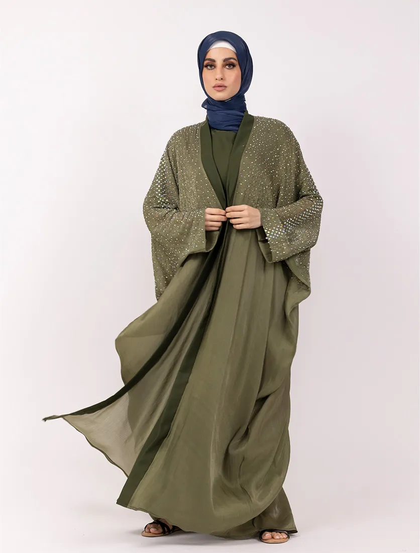Olive Sparkle Crystal Embellished Sheer Overlay Abaya